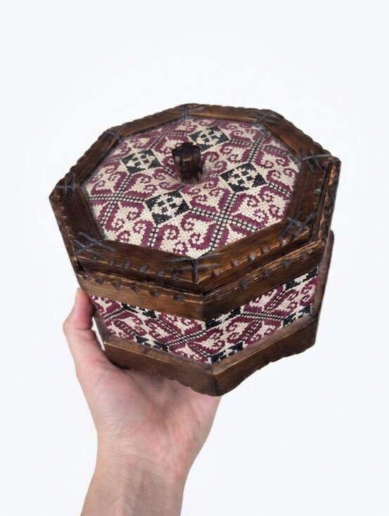 Vintage Other - Vintage Octagonal Wooden Trinket Box Folk Art Cross Stitch Floral Geometric Boho
